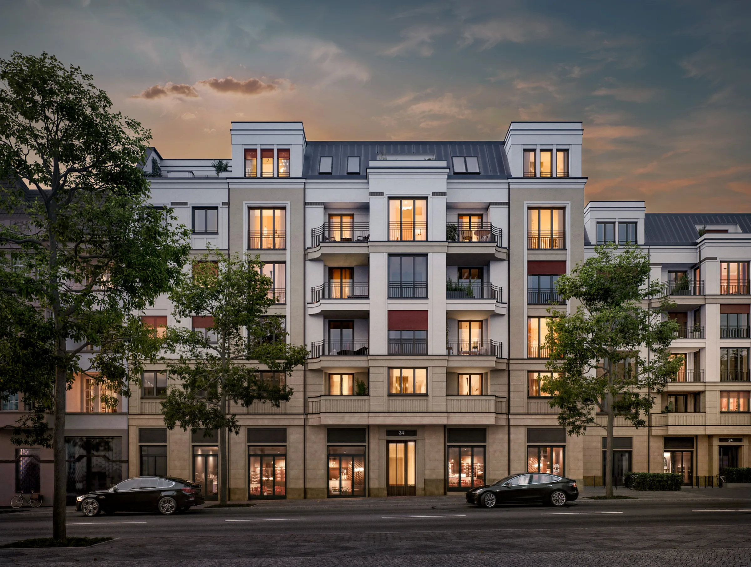Beleuchtete Fassade von Karl bei Abenddämmerung