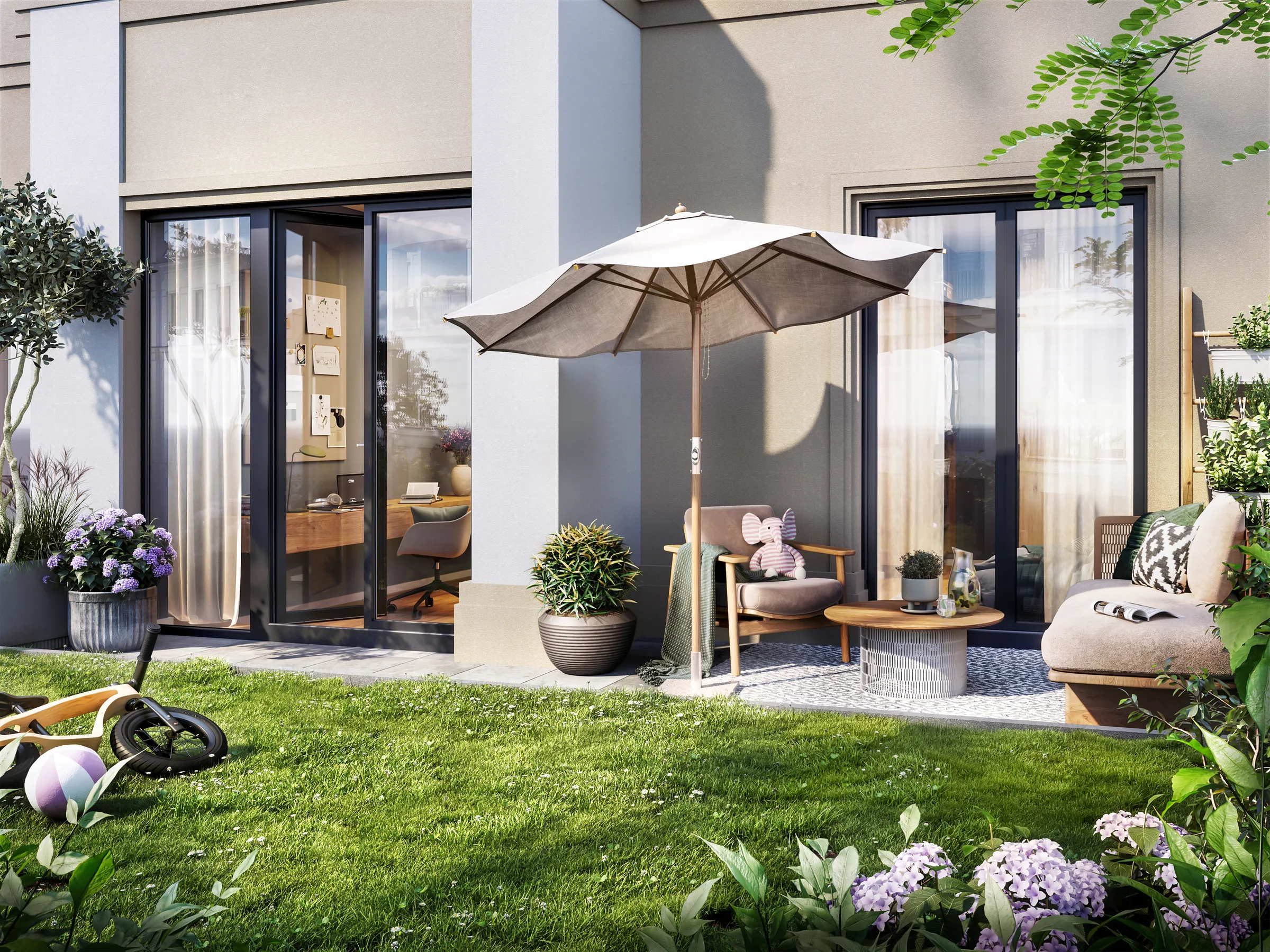 Terrasse einer Wohnung im Haus Lotta mit Blick ins Grüne